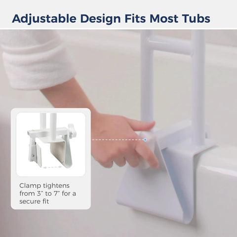 Handicap Shower Grab Bar For Bathtub And Shower White No Tool Install with adjustable clamp for safe, non-slip grip.