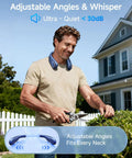 Man wearing Portable Neck Fan With 5200mAh Battery Bladeless Personal Cooler trimming hedges outside a house