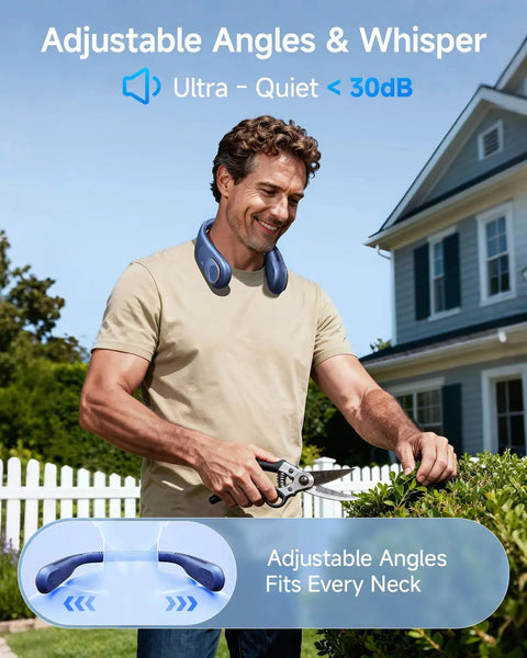 Man wearing Portable Neck Fan With 5200mAh Battery Bladeless Personal Cooler trimming hedges outside a house