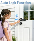 Girl using smart fingerprint door lock with keyless entry no fuss and multiple unlock methods password code mechanical key IC card auto lock for apartment office or bedroom black