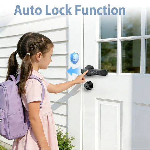 Girl using smart fingerprint door lock with keyless entry no fuss and multiple unlock methods password code mechanical key IC card auto lock for apartment office or bedroom black