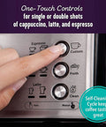 Hand pressing button on Compact Coffee Machine For Espresso And Cappuccino, Pod Brewer With Authentic Italian Pump, Sleek Black Finish