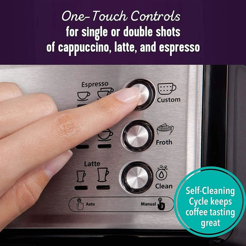 Hand pressing button on Compact Coffee Machine For Espresso And Cappuccino, Pod Brewer With Authentic Italian Pump, Sleek Black Finish