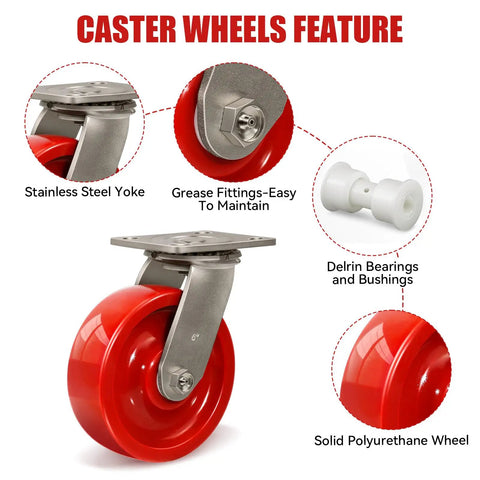 Top Shelf 6 By 2 Inch Swivel Casters Set Of Four Heavy Duty Polyurethane Wheels on stainless steel yoke with grease fittings.
