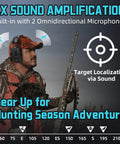 Image of a hunter wearing Electronic Ear Protection For Gun Range With Sound Amplification And Noise Reduction, Active Microphone Noise Canceling Ear Muffs For Range Use, Comfortable Fit, NRR 22 dB, in a hunting environment.