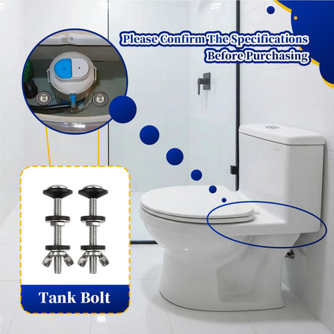 Universal Toilet Tank To Bowl Bolt Repair Kit Four Piece Solid M8 Silver Hardware view showing toilet bowl and included tank bolts.