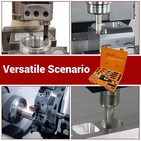 Twelve Piece Three Inch Boring Head Set With R8 Shank And Three Quarter Inch Carbide Boring Bars For Milling, versatile use shown