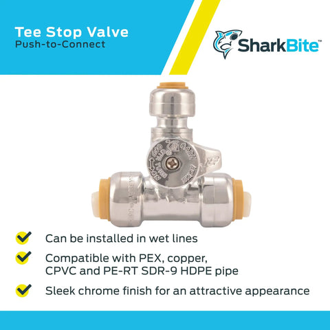 Chrome Brass Push Tee Stop Valve 1/2 Inch By 1/2 Inch By 1/4 Inch Compression Fitting for PEX, Copper, CPVC, PE-RT, HDPE pipes