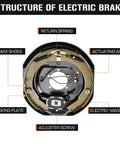 Electric trailer brake hub drum kit; front view, 8 on 6.5 bolt circle, shows brake shoes, return spring, magnet.