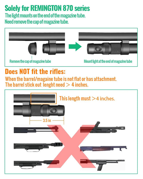Mag Tube Cap Flashlight 500 Lumen End Mount For Remington 870 Shotgun installation diagram on magazine tube