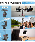 Auto Pop Open Phone Tripod With Remote, No Fuss Setup, 59 Inch Selfie Stick with dual mount for phone and camera shown in use