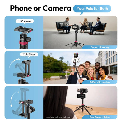 Auto Pop Open Phone Tripod With Remote, No Fuss Setup, 59 Inch Selfie Stick with dual mount for phone and camera shown in use