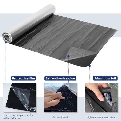 Top Shelf Self Adhesive Roofing Felt Repair Tape Built Badass To Stop Leaks And Seal Surface Cracks Fast For Flat Roofs And Decks showing protective film and self-adhesive glue.
