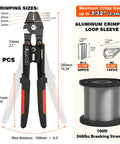 Beefy Heavy Duty Wire Rope Crimp Kit With 100 Ft 1/16 Inch 304 Stainless Steel Cable For Home Improvement And Outdoor Projects Like Clotheslines Garden Lighting Railings Marine Rigging And More. Crimping tool with cable spool and aluminum sleeves