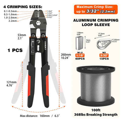 Beefy Heavy Duty Wire Rope Crimp Kit With 100 Ft 1/16 Inch 304 Stainless Steel Cable For Home Improvement And Outdoor Projects Like Clotheslines Garden Lighting Railings Marine Rigging And More. Crimping tool with cable spool and aluminum sleeves