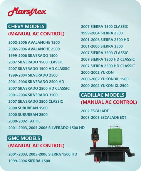 Chevy, GMC, Cadillac compatibility chart and blower motor resistor image