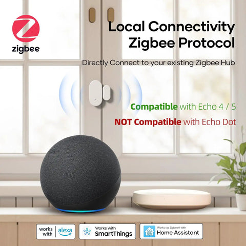 Four Pack Zigbee Door Sensor Mini Smart Contact Alarm For Home Automation And Kid Safety Works With Alexa Smartthings Home Assistant Plug And Play Zero Drama Keeps Your House Locked Tight on window with smart speaker.