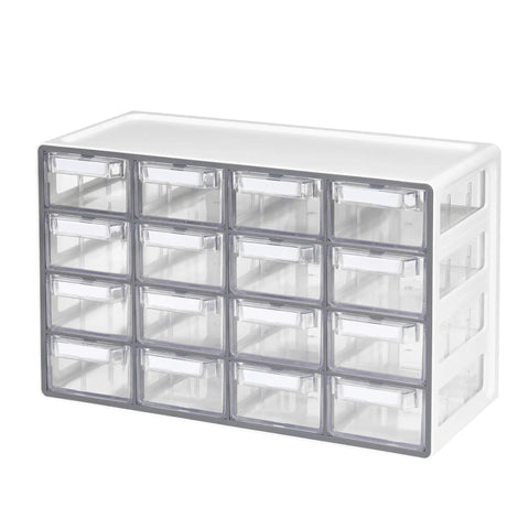 Front view of Stackable 16 Drawer Clear Cabinet Organizer For Hardware Beads Plastic Bricks Office And Craft Supplies With Transparent Compartments And Adjustable Dividers Made In Korea Gray Workhorse showing 16 drawers.