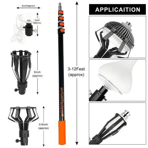 3 To 12 Foot Telescopic Light Bulb Changer Pole With Durable Metal Construction For High Ceilings And Recessed Lighting Reaches Fluorescent LEDs And Incandescent Bulbs With Easy Grip Rubber Base And Quick Lock Buckles For Stable Setup shown with attachments and dimensions.