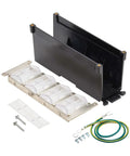 Components of Eight Port DIN Rail Keystone Jack Mounting Module With Grounding And Snap In Clip Attaches To Thirty Five Millimeter DIN Rail TAA Compliant No Tools Required Eight Blank Keystone Cutouts For Jacks And Couplers, including panel and wires.