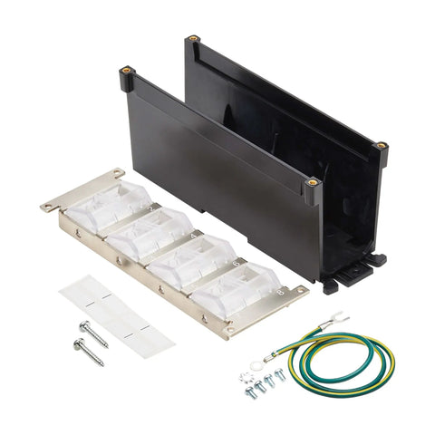 Components of Eight Port DIN Rail Keystone Jack Mounting Module With Grounding And Snap In Clip Attaches To Thirty Five Millimeter DIN Rail TAA Compliant No Tools Required Eight Blank Keystone Cutouts For Jacks And Couplers, including panel and wires.