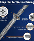 Number Ten By Three Quarter Phillips Flat Head Stainless Steel 410 Self Drilling Self Tapping Screws Heavy Duty Countersunk Fasteners For Auto Panels And Metal Framing One Hundred Pack Detail of screw with deep Phillips slot and sharp drill tip.