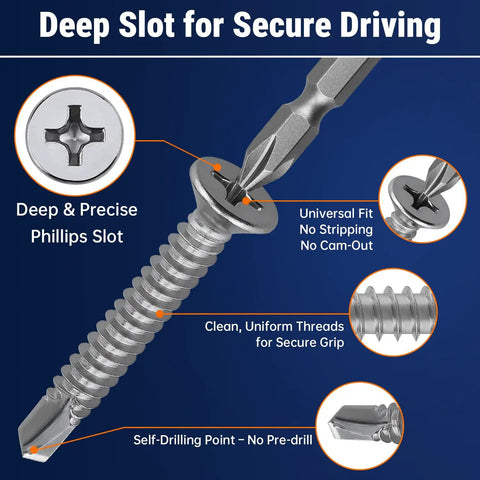 Number Ten By Three Quarter Phillips Flat Head Stainless Steel 410 Self Drilling Self Tapping Screws Heavy Duty Countersunk Fasteners For Auto Panels And Metal Framing One Hundred Pack Detail of screw with deep Phillips slot and sharp drill tip.