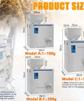 Rock Solid Automatic Granule Packing Machine With Foot Pedal And Infrared Sensor Spot On Weighing From One To Five Hundred Grams dimensions diagram for models A, B, C.