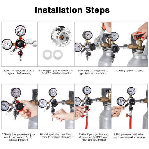 Installation steps for Beefy Dual Gauge CO2 Regulator For Kegerator with Heavy Duty Brass Body Safety Relief Valve CGA 320 Compatible.