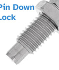 Solid Heavy Duty Stainless Steel Indexing Plunger With Knurled Hex Knob And Bulletproof Spring Loaded Pin close-up on threaded shaft.