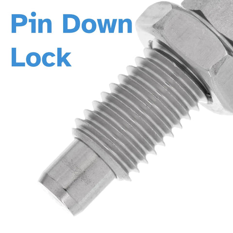 Solid Heavy Duty Stainless Steel Indexing Plunger With Knurled Hex Knob And Bulletproof Spring Loaded Pin close-up on threaded shaft.