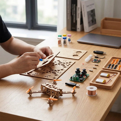 Hands assembling Beginner Friendly DIY Wooden Drone Kit with Full Protective Frame on a table with components and tools.