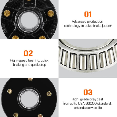 Two AEagle 5-lug trailer hub kits for 4.5-inch bolt circle; black cast iron with inner and outer bearings