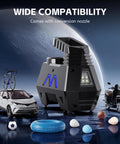 Portable Tire Inflator Air Compressor with digital display, car, motorcycle, bicycle, sports balls around, showcasing versatility.