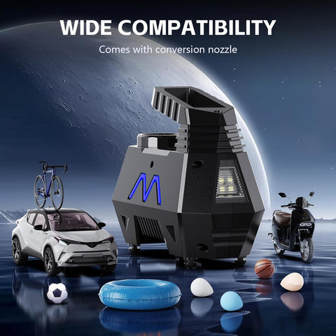 Portable Tire Inflator Air Compressor with digital display, car, motorcycle, bicycle, sports balls around, showcasing versatility.
