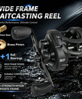 Heavy Duty Wide Frame Baitcasting Reel With Adjustable Ten Magnet Brake And Forty Pound Max Drag showcasing brass gear and nylon composite frame.