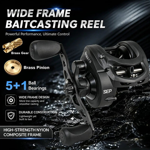 Heavy Duty Wide Frame Baitcasting Reel With Adjustable Ten Magnet Brake And Forty Pound Max Drag showcasing brass gear and nylon composite frame.