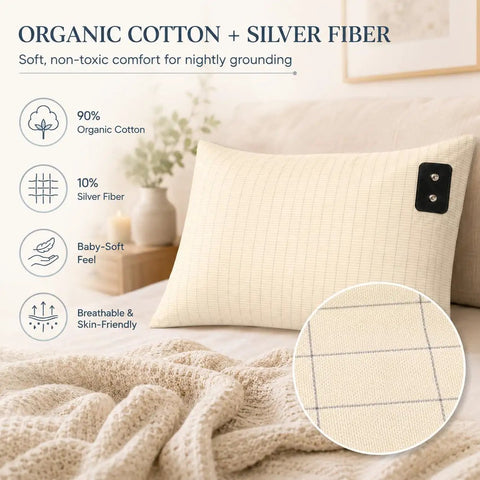Grounding Pillowcase Queen With Conductive Silver Fiber And Organic Cotton For Faster Deeper Sleep Pain Relief Boosted Energy And Grounding Benefits 15ft Cord 20x30 Inch 1 Piece on a bed