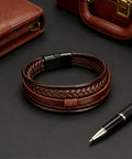 Fresh Brown Braided Leather Bracelet For Men And Women Unisex Premium PU Leather Wristband Jewelry on black background.