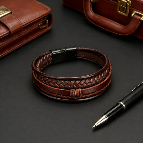 Fresh Brown Braided Leather Bracelet For Men And Women Unisex Premium PU Leather Wristband Jewelry on black background.
