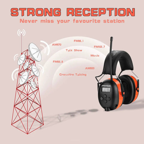 AM FM Radio Headphones With Digital Display 25dB NRR Safety Earmuffs next to radio tower with station signals.