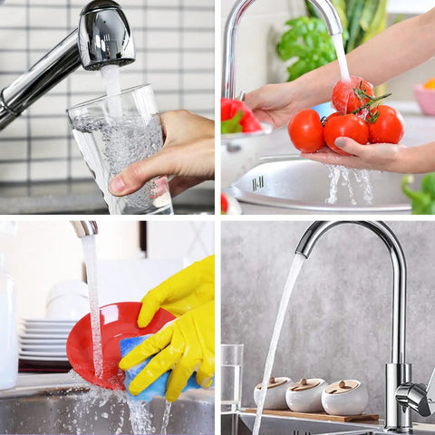 M18.5 Faucet Aerator Replacement Kit, 6 Pack Sink Faucet Flow Restrictors demonstrating usage in kitchen and bathroom
