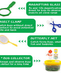 Image of Awesome Kids Outdoor Explorer Kit With Bug Catcher Gear featuring magnifying glass, insect clamp, butterfly net, and bug collector.