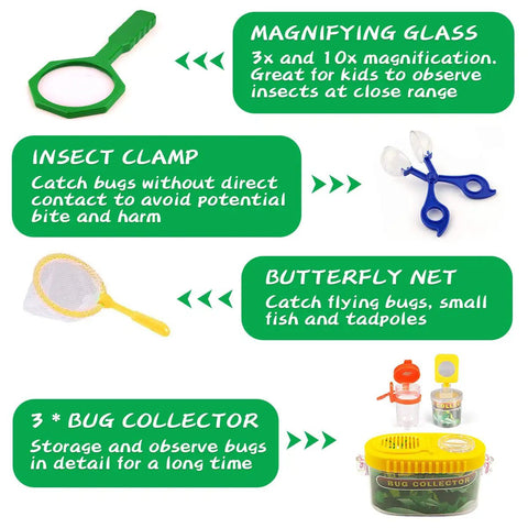 Image of Awesome Kids Outdoor Explorer Kit With Bug Catcher Gear featuring magnifying glass, insect clamp, butterfly net, and bug collector.
