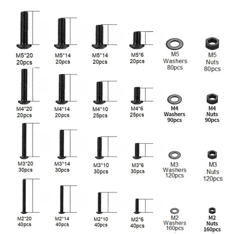1630 Piece Black Zinc Phillips Pan Head Machine Screw Workhorse Assortment Kit showing various sizes and types of screws and nuts.