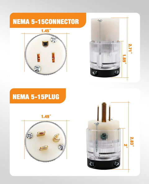 Lighted NEMA 5-15P To 5-15R Extension Cord Ends With Power Indicator, 15 Amp 125 Volt, connector and plug dimensions