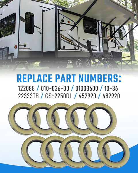 Double Lip Grease Seal Kit Heavy Duty For 5200 7000 Lb RV Trailer Axles Two And A Quarter Inch Inner Diameter Fits EZ Lube And D42 Spindles Replaces 122088 01003600 Trailer Hub Wheel Seal Pack Ten Count image showing seals and RV in background