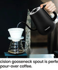 Gooseneck Electric Kettle 0.8L Fast Boil For Pour Over Coffee And Tea With One Touch Operation Auto Shut Off Boil Dry Protection Ultra Fast Hot Water Black Kitchen Essential pouring water into coffee dripper