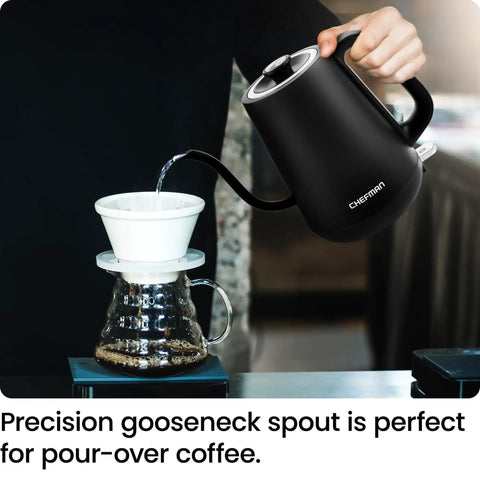 Gooseneck Electric Kettle 0.8L Fast Boil For Pour Over Coffee And Tea With One Touch Operation Auto Shut Off Boil Dry Protection Ultra Fast Hot Water Black Kitchen Essential pouring water into coffee dripper