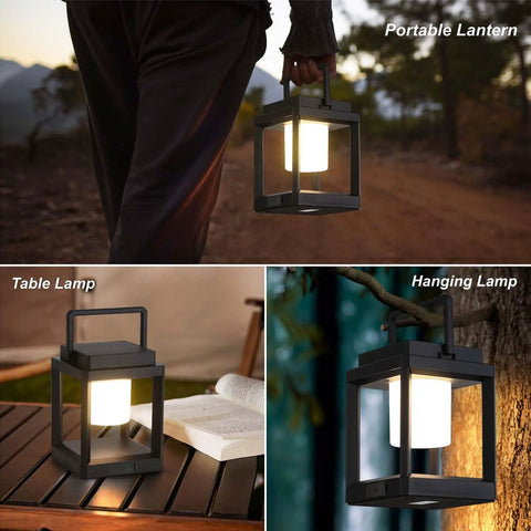 Outdoor Solar Lantern Table Lamp With Handle Portable Hanging LED Light for table and tree hang in outdoor settings.